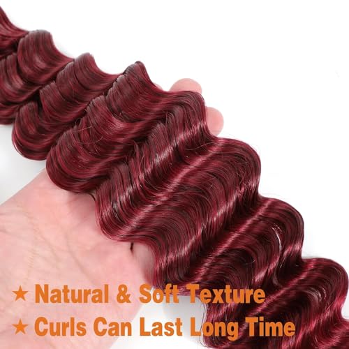 Burgundy Deep Wave Human Braiding Hair for Boho Braids 2 Bundles Total 100g 16 Inch Deep Wave Bulk Human Hair for Braiding No Weft Brazilian Virgin Curly Human Hair Extensions