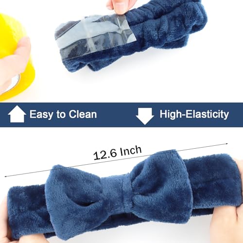 Ondder Spa Headband for Washing Face 8 Pack Navy Blue Skincare Headbands for Women Girls Terry Cloth Cute Bow Head Bands