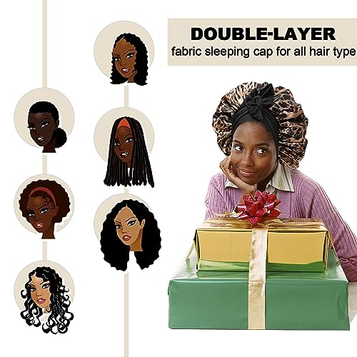Satin Bonnet for Women Tie Band Hair Bonnet for Sleeping Large 2 Layered Silk Sleeping Cap Nightcap for Sleeping with 3PCS Hair Scrunchies (Leopard Print(Bonus3 Hair scrunchies))