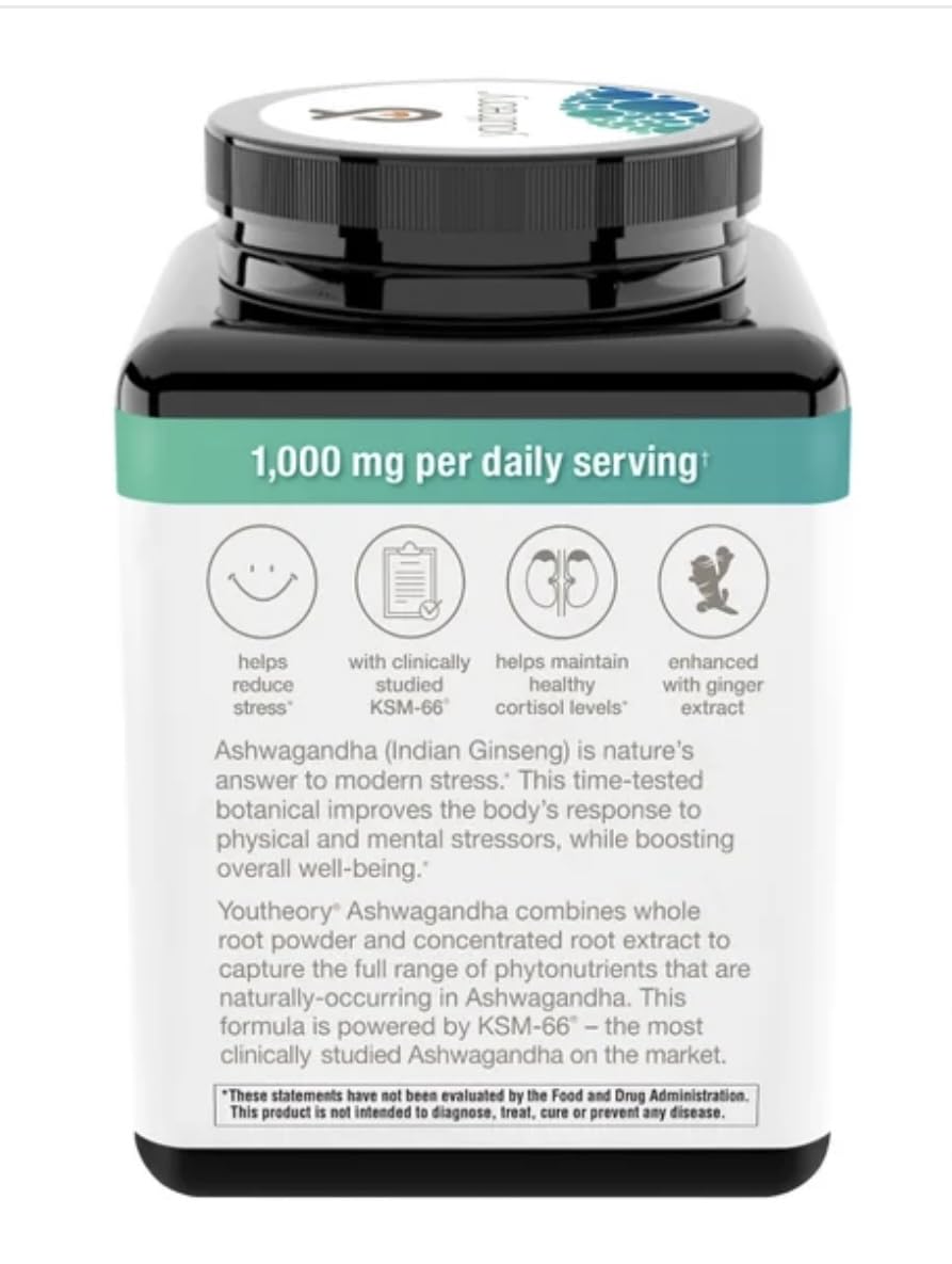 Youtheory Ashwagandha 1000mg with KSM-66 - Helps Support a Healthy Stress Response,180 Capsules (Pack of 1)