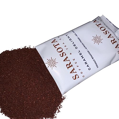 Sarasota Coffee Ground Packets | Gourmet Flavored Medium Roast Bulk Coffee Packs | Salted Caramel | Low Acid Mold Free Singles Individual Pouches for 12 Cup Coffee Maker | 2.5 Ounce Bags, 36 Count