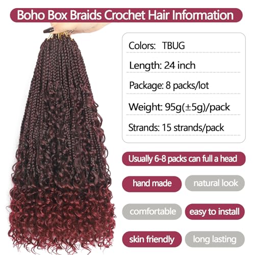 TBUG Goddess Crochet Braids 24 Inch Ombre Burgundy Crochet Boho Braids 8 Packs 3X Crochet Hair Bohomian Box Braids Crochet Braids Messy Pre-looped Synthetic Crochet Braids for Black Women