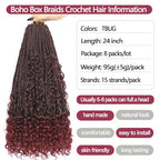 TBUG Goddess Crochet Braids 24 Inch Ombre Burgundy Crochet Boho Braids 8 Packs 3X Crochet Hair Bohomian Box Braids Crochet Braids Messy Pre-looped Synthetic Crochet Braids for Black Women