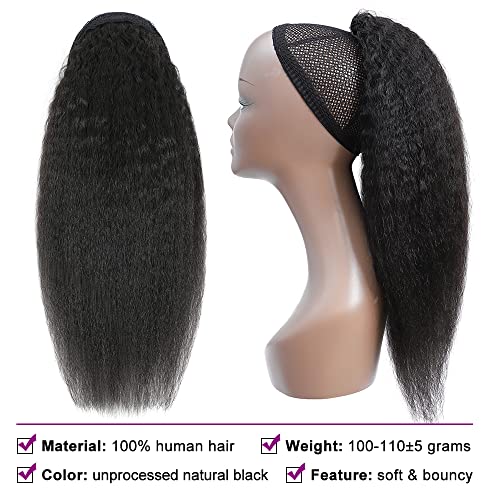 Kinky Straight Ponytails Human Hair 10A Grade Drawstring Ponytail Extension Yaki Straight Clip in Pony Tail for Black Women Natural Black Hair Pieces (18 Inches)