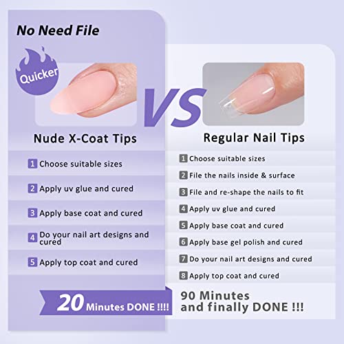 BTArtbox Almond Press On Nails - Soft Gel Nail Tips Medium XCOATTIPS Natural with Base Color, Stronger Adhesion, Nude Pre-shaped Ultra Fit Fake Nails for Women Gift