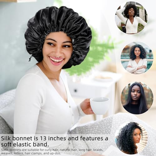 Satin Silk Bonnet for Curly Hair Bonnet Braid Bonnet for Sleeping Bonnets for Women Large Double-Layer Adjustable(2Pcs Black)