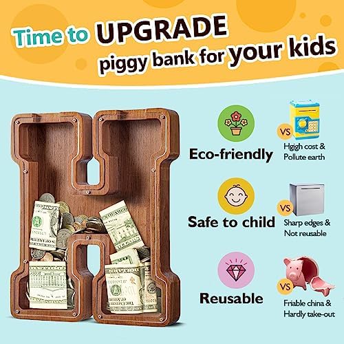 Summidate Customized Name Extra Large Wooden Piggy Bank for Kids Boys Girls Letter A-Z Coins Bills Money Change Bank Box Clear Cover (Laser Engraved) Educational Toys 12"- Letter H