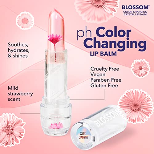 Blossom Moisturizing Scented pH Color Changing Crystal Lip Balm, Strawberry Scented Lip Stain Tint, Infused with Real Flowers, 3 pk, Turquoise/Pink/Purple