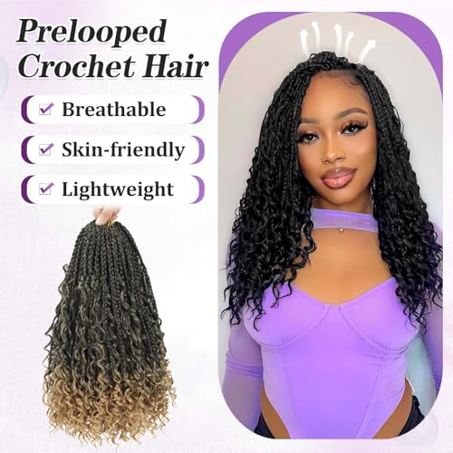 Goddess Box Braids Crochet Hair For Women-14 Inch 8 pack Pre Looped Boho Crochet Braids Short Prelooped Bohemian Boho Box Braids Crochet Hair With Curly Ends Ombre Crochet Braid Hair（14in,#1b/27）