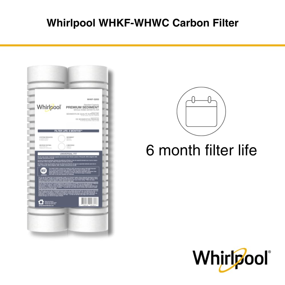 Whirlpool 10" x 2.5" Whole House Sediment Water Filters. WHKF-GD05 Grooved Filter, 5 Micron, NSF Certified Reduces Sand, Soil, Silt & Rust for Standard Filter Housings, 24-Pack