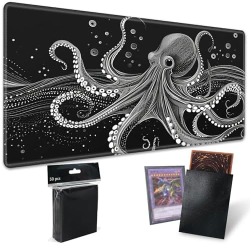 Playmats for Magic: The Gathering MTG Card Game Mat Plus 50 Pcs Card Sleeves, 24 x 14 inch TCG Mat with Stitched Edge for Commander Deck Duskmourn Board Game, Octopuses
