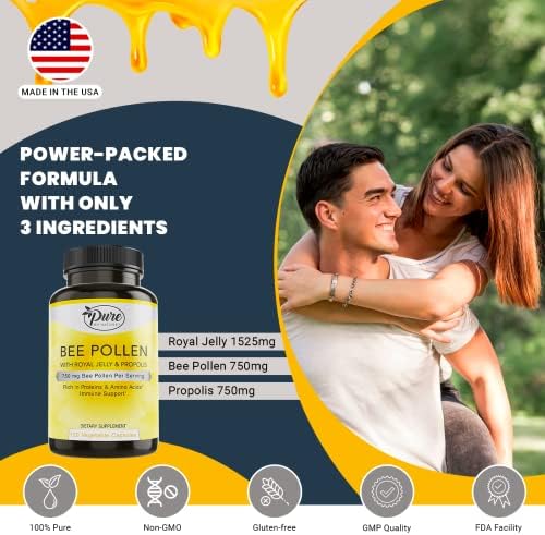 Pure By Nature Bee Pollen Supplement with Propolis & Royal Jelly for Immune Support, Antioxidant Properties, 120 Non-GMO Vegetarian Capsules