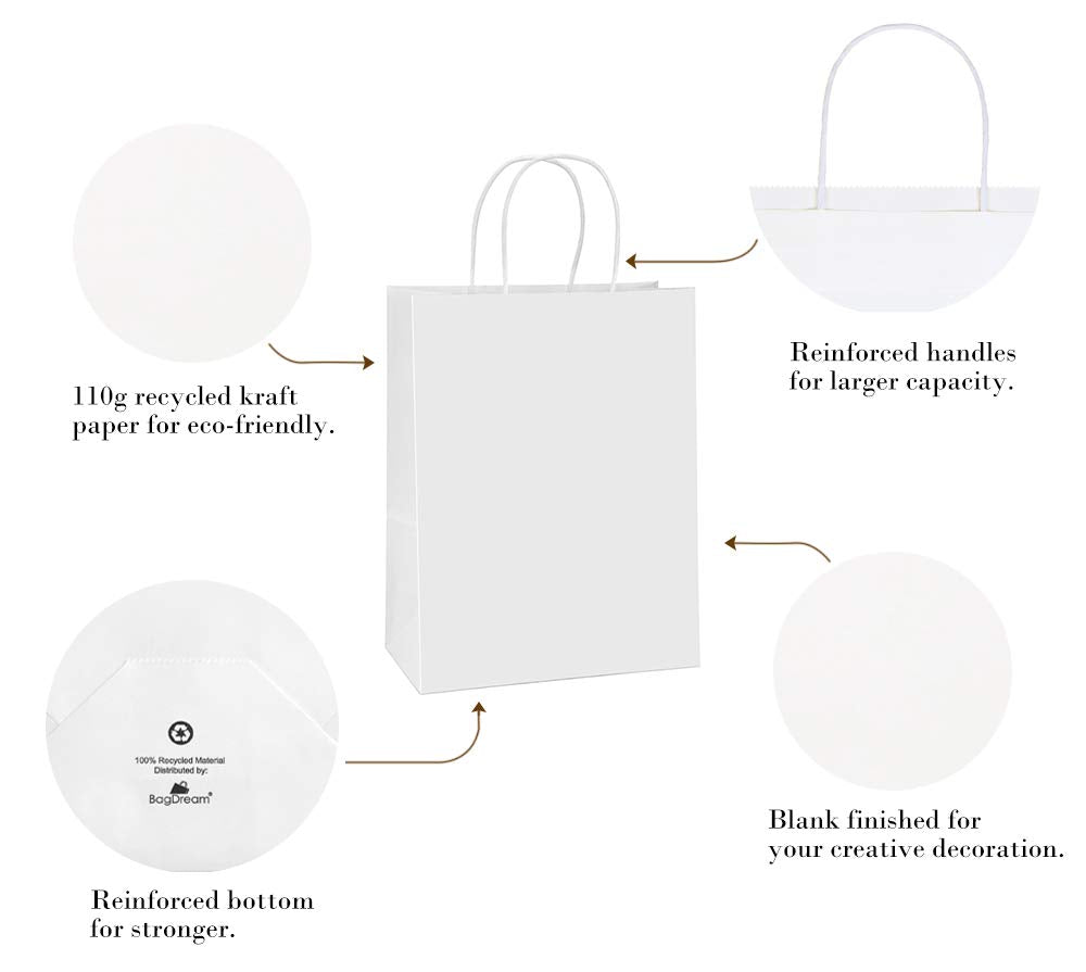 BagDream Kraft Paper Bags with Handles 10x5x13 Inch White 100 Pack Bulk