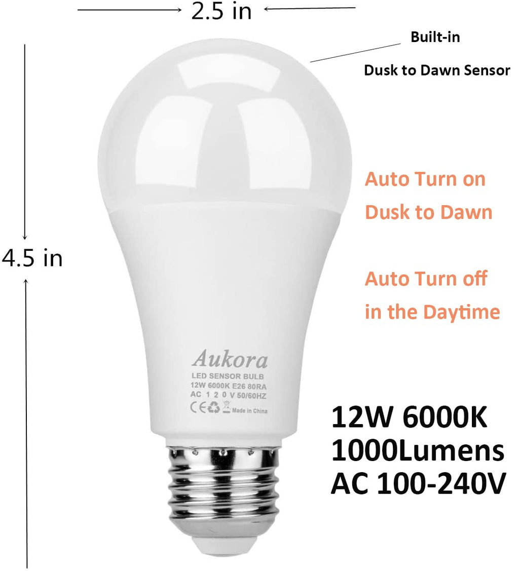 Aukora Led Dusk to Dawn Light Bulb 4 Pack, 12W (100-Watt Equivalent 1000lm) Smart Sensor Light Bulbs Indoor E26/E27 6000K Daylight A19 for Porch Yard Garage Garden Patio Outdoor (Cool White)