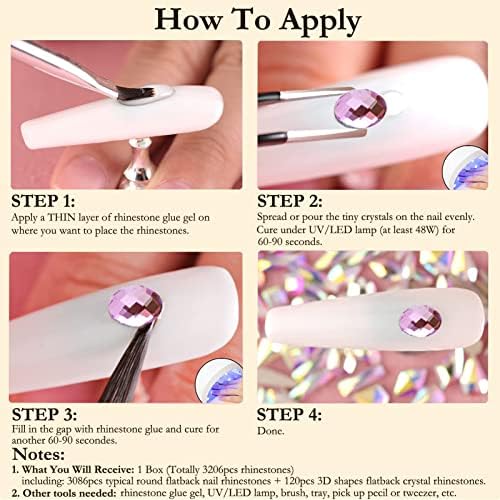 Dowarm 3200PCS Nail Art Rhinestones, Light Pink Flatback Rhinestones for Nails, Crafts, 12 Styles 3D Glass Crystal Nail Gems