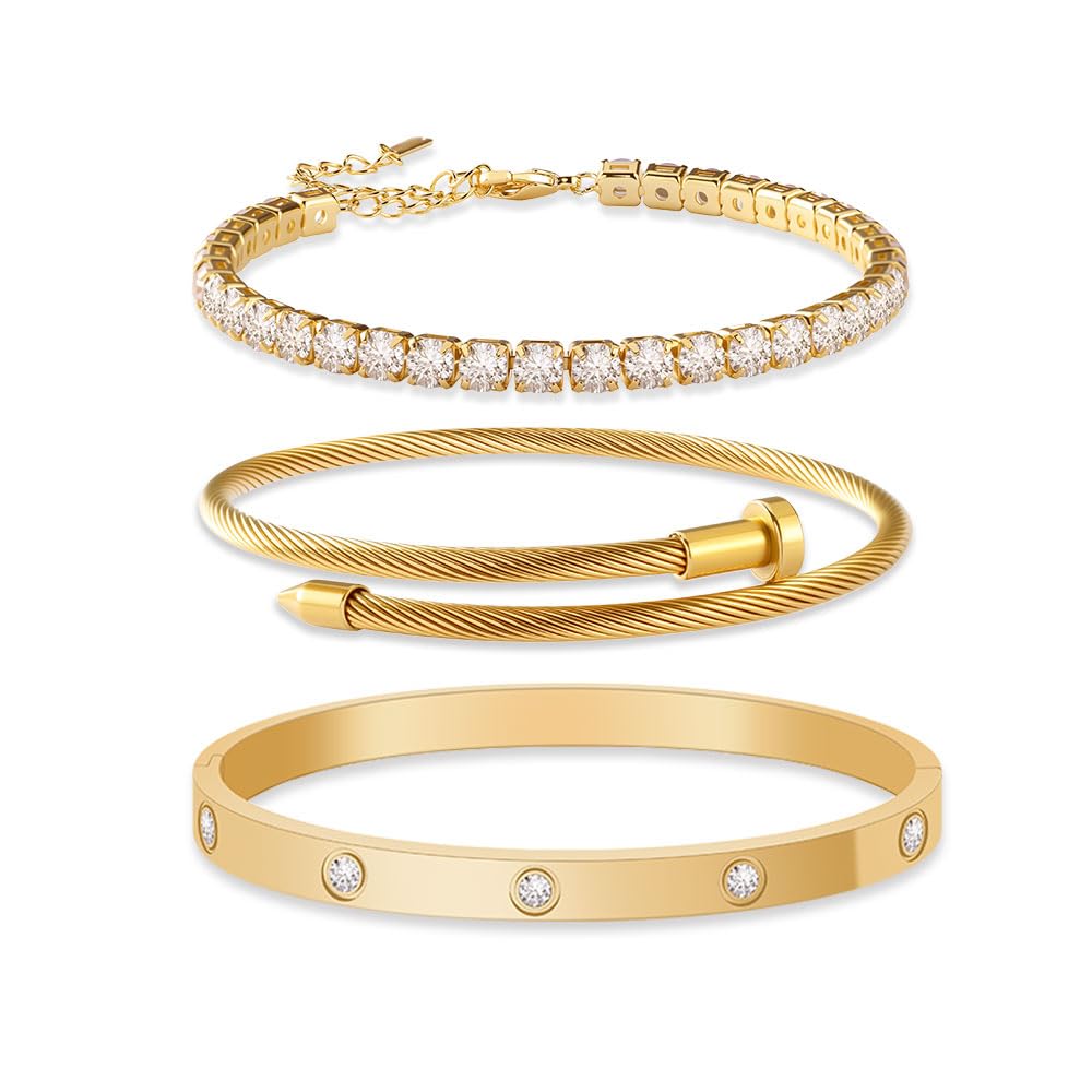JUNVirtuous 3-Pack Gold Bracelets for Women,18K Gold Plated Bangle Tennis Bracelets Stack Set for Women Trendy Non Tarnish Stainless Steel Gold Bangles Accessories Designer Jewelry Pulseras Para Mujer