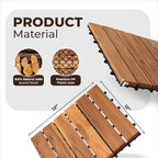 Pack of 10 Deck Tiles - 12"x12" Interlocking Natural Solid Acacia Wood for Outdoor & Indoor, Patio Garden, Balcony, Poolside - Teak Color