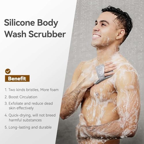 Silicone Body Scrubber for Men & Women, Friendly Shower Body Scrubber for Sensitive Skin, Silicone Loofah Body Scrubber for Showering with Richer Foam Bristles and Anti-Slippery Handle (3 Pack)