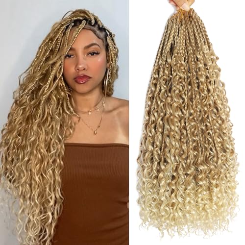 18 Inch Box Braids Crochet Hair Goddess Box Braids Crochet Hair 8 Packs Crochet Hair for Black Women Boho Crochet Braids Crochet Hair for Black Women Crochet Box Braids With Curly Ends（18 Inch,27/613）
