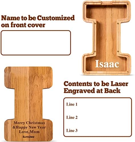 Summidate Customized Name Large Wooden Piggy Bank for Kids Boys Girls Alphabets Letter A-Z Coins Bills Money Change Bank Box Initial on Clear Cover (Laser Engraved) (Alphabet-I, Personalized-9")