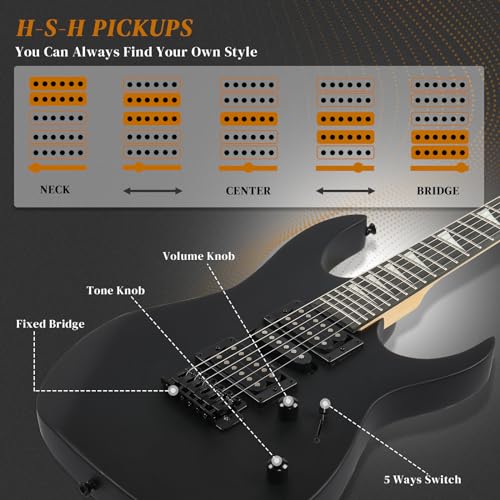 Ktaxon 39" Electric Guitar with 20Watt Amp, Full Size 170 Model Starter Guitar Kit for Beginners & Professional W/Bag, Strap, Upgrade Cable, Guitar Capo, Tremolo Arm - Matte Back