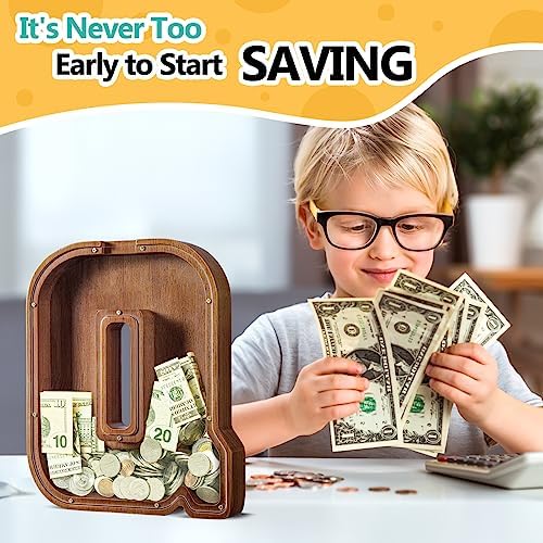 Summidate Customized Name Extra Large Wooden Piggy Bank for Kids Boys Girls Alphabets Letter A-Z Coins Bills Money Change Saving Box Clear Cover (Laser Engraved) Educational Toys 12"- Letter Q