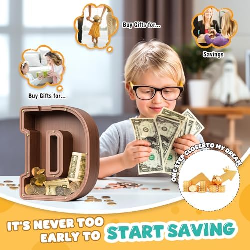 Summidate Wooden Letter Piggy Bank, Extra Thick Large Capacity Piggy Bank for Kids Boys Girls Toddler, Alphabet D Money Bank| Coin Box Birthday, Christmas, Festival