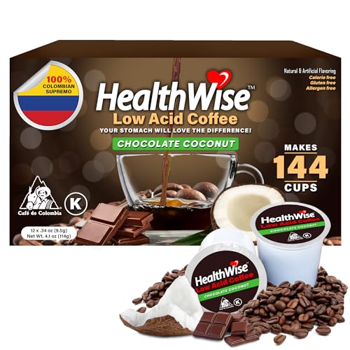 Healthwise Chocolate Coconut Low Acid Coffee K-Cups - Soothe Acid Reflux & Heartburn, Gentle on Sensitive Stomachs, Eases Digestive Discomfort - 144 Count (Pack of 12)