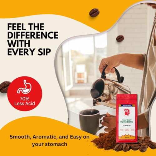 Puroast Low Acid Coffee Half Caff | Half Caff House Blend Ground | Medium Roast | High Antioxidants & High pH |No Bitter Aftertaste | Reduced Heartburn & GERD | Suitable for Cold Brew - 2.2 LB
