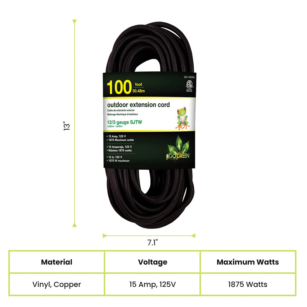 Go Green Power Inc. (GG-14000BK) 12/3 SJTW Outdoor Extension Cord, Black, 100 ft