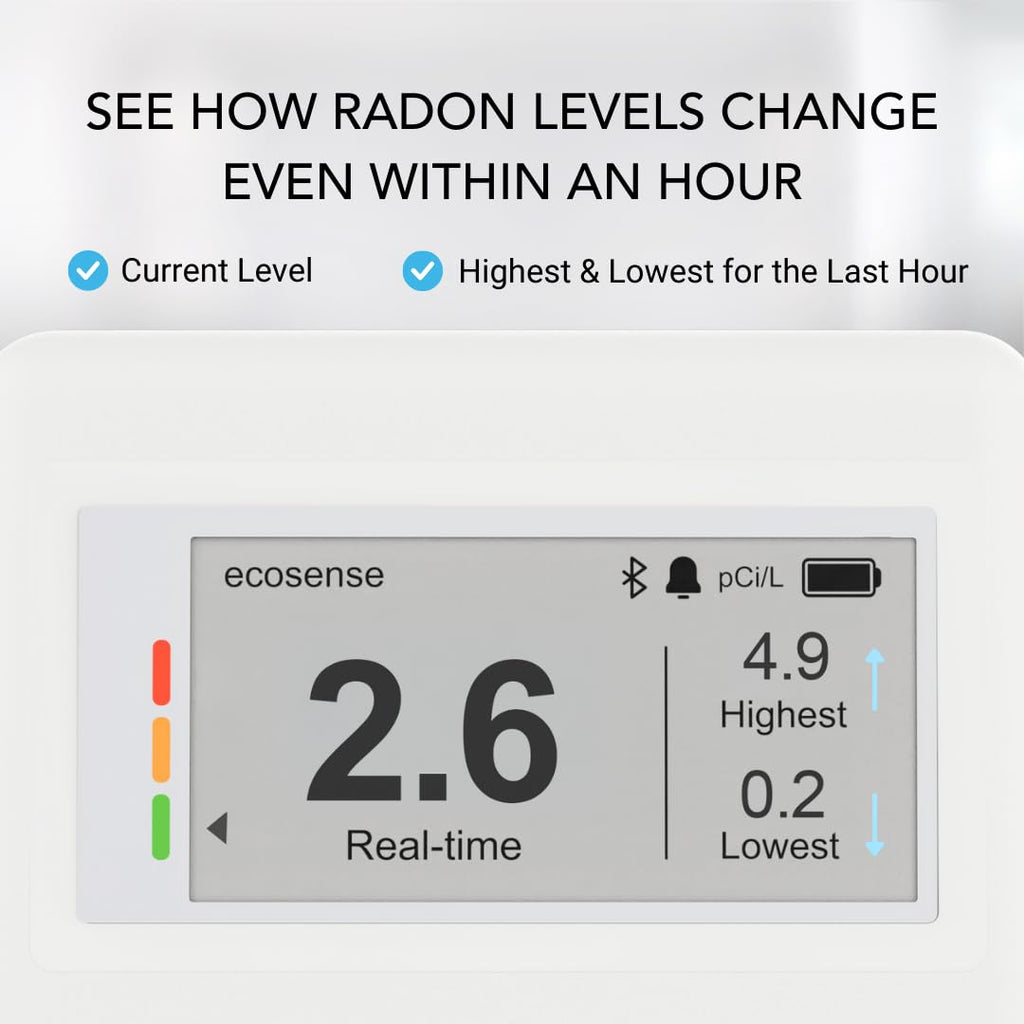 Ecosense EcoQube Flex Smart Radon Detector - Battery Powered Continuous Radon Monitor for Home Use with Always-On Display, Bluetooth App, Daily, Weekly, Monthly & Yearly Fluctuations on App