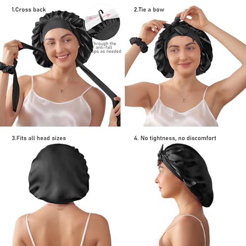 LitBear 100% Mulberry Silk Bonnet for Sleeping Women, 6A 22 Momme, Large Double-Layer Silk Hair Wrap with Tie Band, Non-Slip Silk Turban, Includes Silk Scrunchie