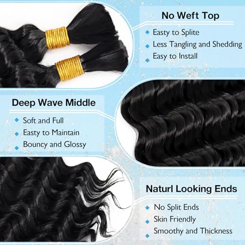 18 Inch Deep Wave Bulk Hair for Braiding 2 Bundles 200g Natural Black Curly Braiding Hair for Boho Braids Micro Twist No Weft Wet and Wavy Extensions