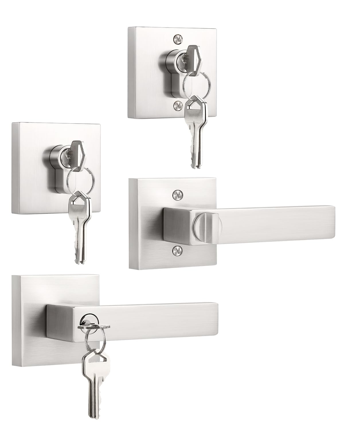 KNOBWELL 1 Pack Double Cylinder Keyed Entry Door Handle with Deadbolt, Brushed Nickel Front Door Handleset with Lock and Key