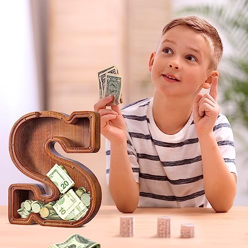 Summidate Customized Name Extra Large Wooden Piggy Bank for Kids Boys Girls Letter A-Z Coins Bills Money Change Bank Box Initial on Clear Cover (Laser Engraved) Educational Toys 12"- Letter S