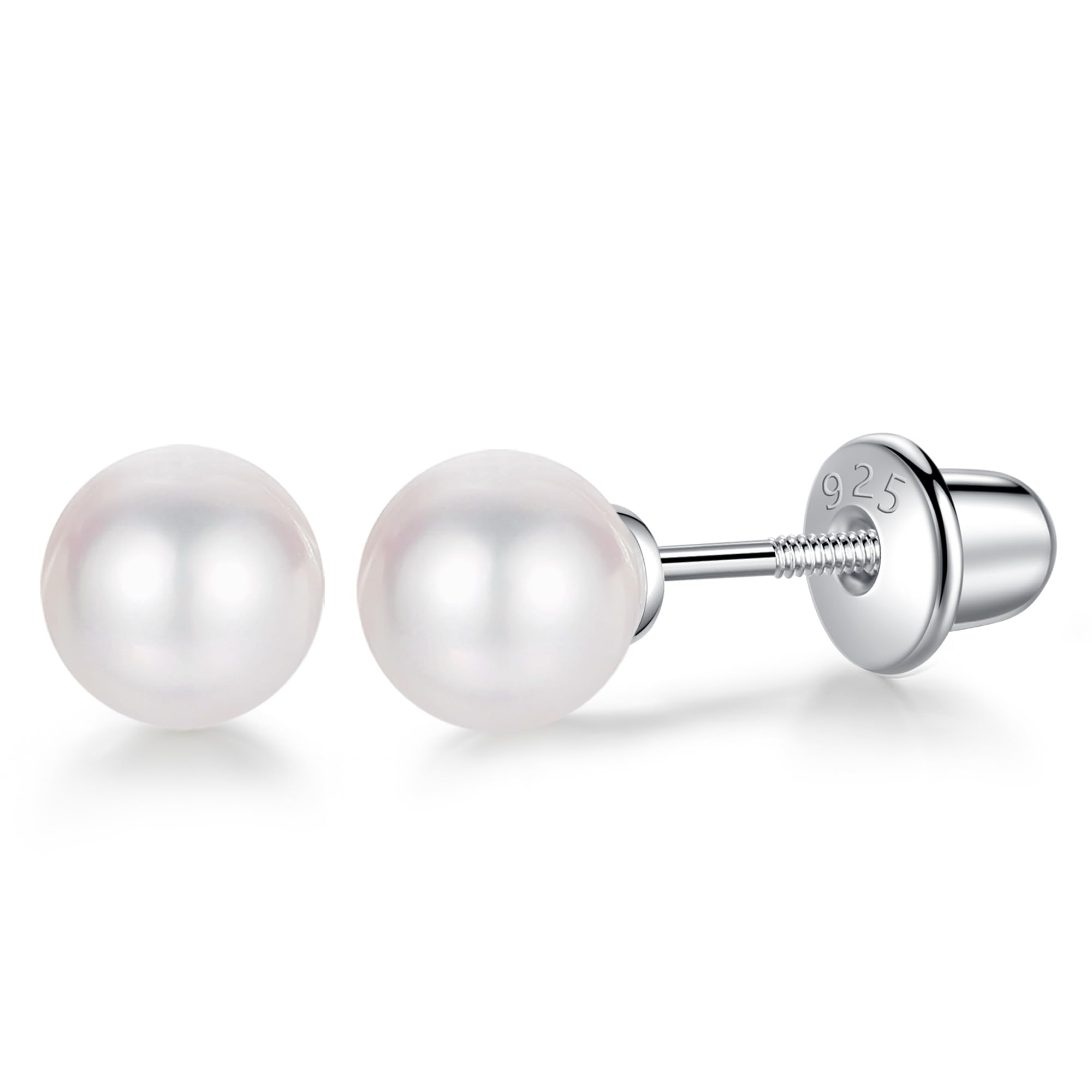 Freshwater Pearl Earrings with Screw Back for Women Silver Stud (Pearl-6mm)