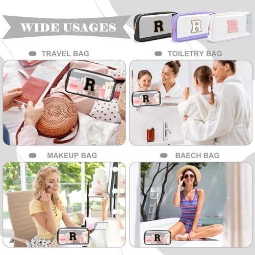 Personalized Initial Letter Clear Makeup Bag,Preppy Small Nylon&PVC Cosmetic Zipper Bag with Chenille Letter,Travel Skincare Toiletry Bag,Monogram Christmas Gift for Teen Girls Women,R