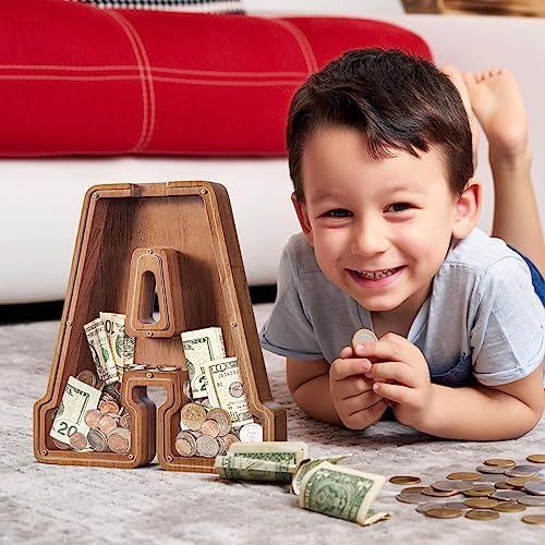 Summidate Customized Name Extra Large Wooden Piggy Bank for Kids Boys Girls Alphabets Letter A-Z Coins Bills Money Change Saving Box (Laser Engraved) Educational Toys 12"- Letter A