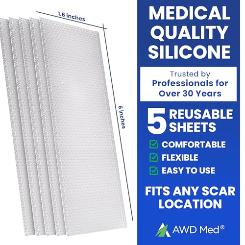 AWD Silicone Scar Sheets for Scar Removal - Extra Thick 0.5mm Silicone Scar Tape for Surgical Scars, C Section, Keloid - Silicone Skin Patches Extra Thick 0.5mm Longer Use (5 Pcs, 1.6” x 6”), Clear