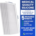 AWD Silicone Scar Sheets for Scar Removal - Extra Thick 0.5mm Silicone Scar Tape for Surgical Scars, C Section, Keloid - Silicone Skin Patches Extra Thick 0.5mm Longer Use (5 Pcs, 1.6” x 6”), Clear