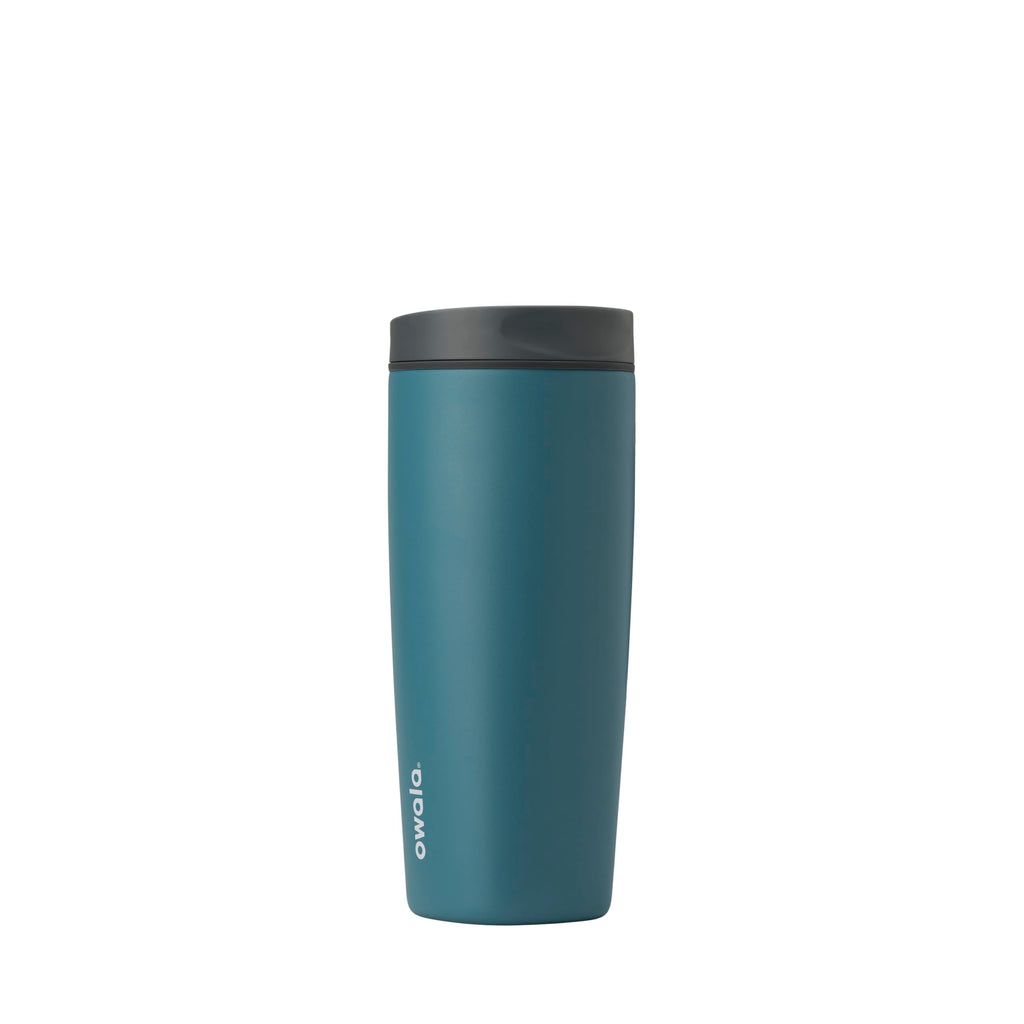 Owala SmoothSip Slider Insulated Stainless Steel Coffee Tumbler, Reusable Iced Coffee Cup, Hot Coffee Travel Mug, BPA Free 20 oz, Grey/Blue (High Dive)