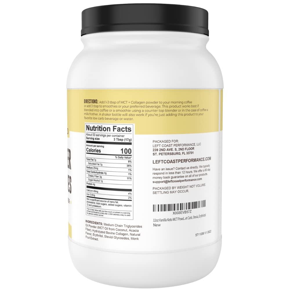 MCT Oil Powder with Acacia Fiber & Collagen Peptides – Prebiotic Collagen Protein, 10g MCTs from Coconuts, Sugar Free Keto Coffee Creamer – Grass Fed, Vanilla Flavor, Non-GMO, Gluten Free, 32 oz