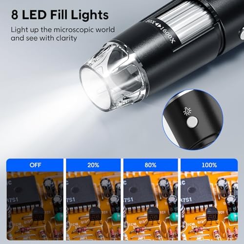 USB Digital Microscope, 50x-1600x Magnification Handheld, 1440P HD 8 LED Lights, Portable Pocket, Compatible with iOS and Android Devices, 2MP Magnifier Microscopes Camera (321P with Stand)