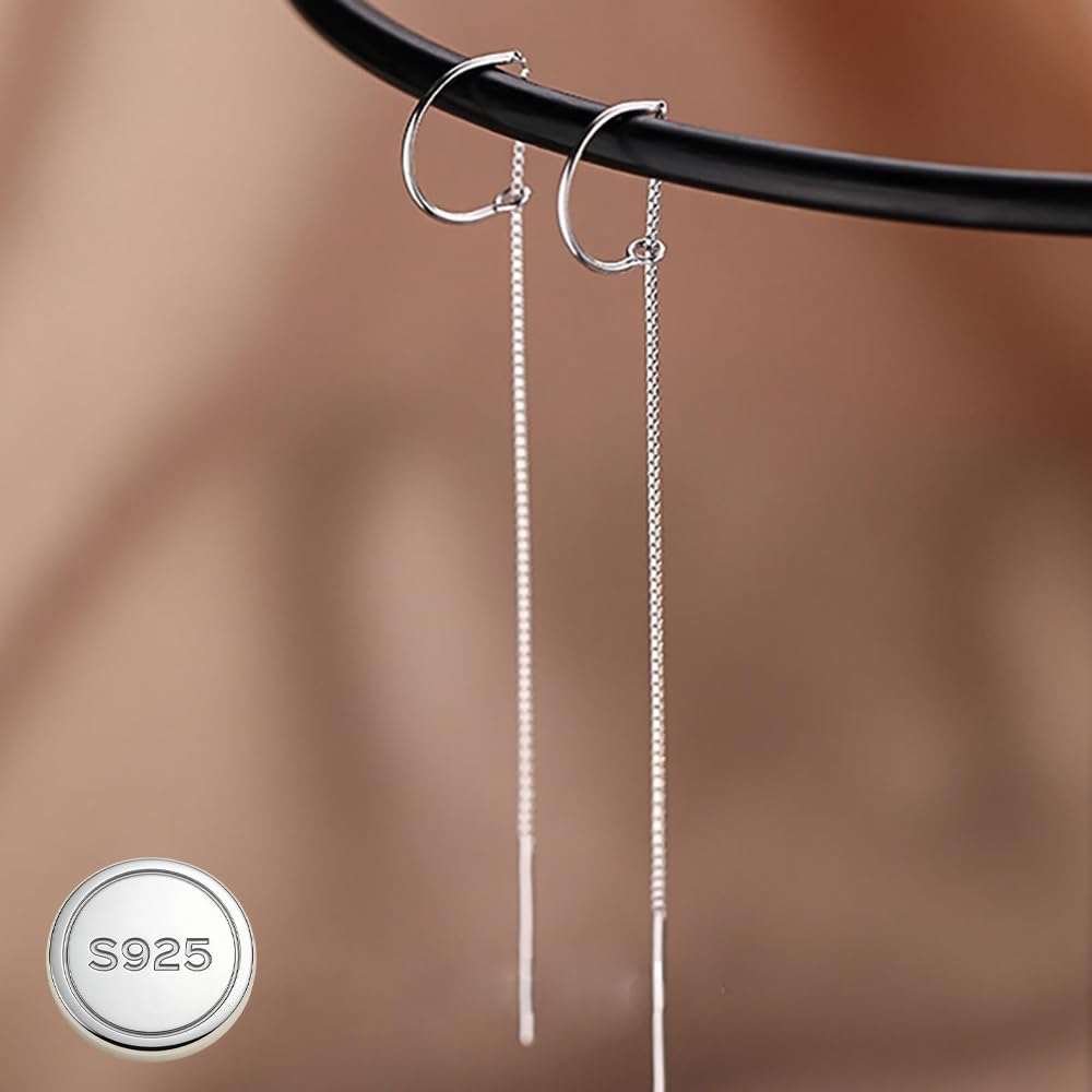 Reffeer Solid 925 Sterling Silver Chain Dangle Earrings Tassel for Women Teen Girls Long Dangle Earrings Minimalist Threader Earrings (A-Silver)