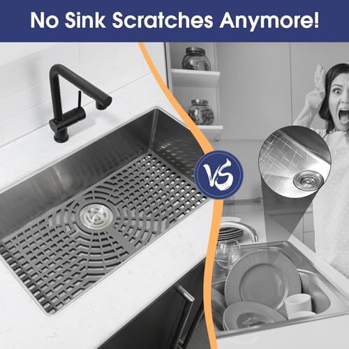 Silicone Sink Protector 26“x14" Rear Drain Hole, Heat Resistant Non-slip Dishwasher Suitable, Large Mat for Bottom of Farmhouse Kitchen Stainless Steel Sink(Grey）