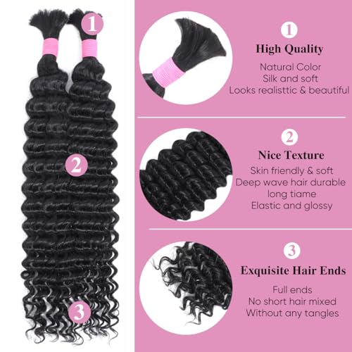 Human Braiding Hair for Boho Braids 22 Inch 2 Bundles 100g Deep Wave Bulk Hair 12A Virgin Curly for Knotless Braids (Natural Color)