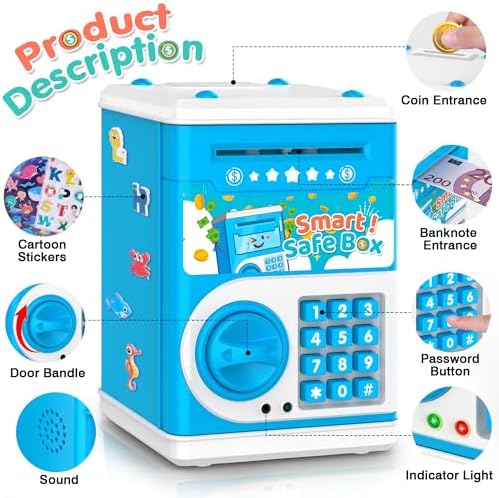 Blue Piggy Bank for Kids, Electronic Coin Money Bank, Children's Safe Money Jar Toy Age 4 7 8 9 10 11 with Password Code Lock and Auto Grab Bill Slot, Great B-Day Xmas Toy Gifts for Kids