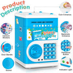 Blue Piggy Bank for Kids, Electronic Coin Money Bank, Children's Safe Money Jar Toy Age 4 7 8 9 10 11 with Password Code Lock and Auto Grab Bill Slot, Great B-Day Xmas Toy Gifts for Kids