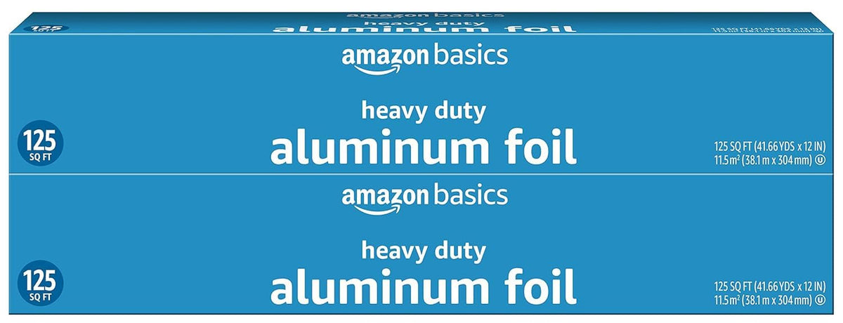 Amazon Basics Heavy Duty Aluminum Foil for Cooking, Grilling, Food Storage, Roasting, 125 Sq Ft, Pack of 2