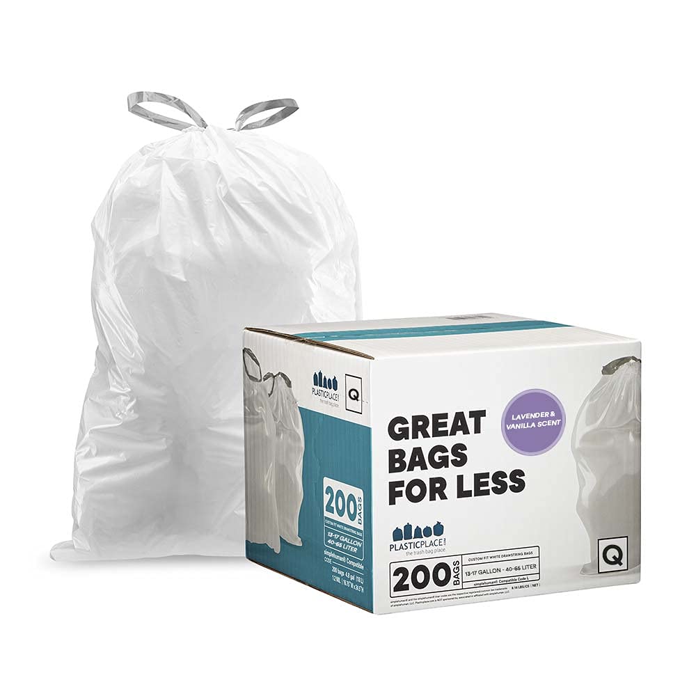 Plasticplace White Drawstring Lavender and Soft Vanilla Scented Garbage Can Liners │ Compatible with Code Q (200 Count) │ 13-17 Gallon │ 25.25" x 32.75"